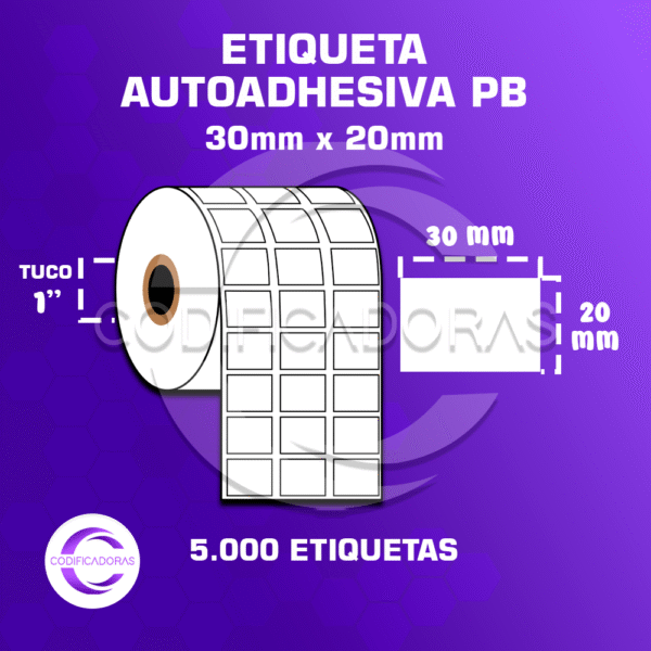 ROLLO DE ETIQUETAS ADHESIVAS 30MM X 20MM PB – (POLIPROPILENO BLANCO) – TUCO 1″ – 5MIL ETIQUETAS POR ROLLO